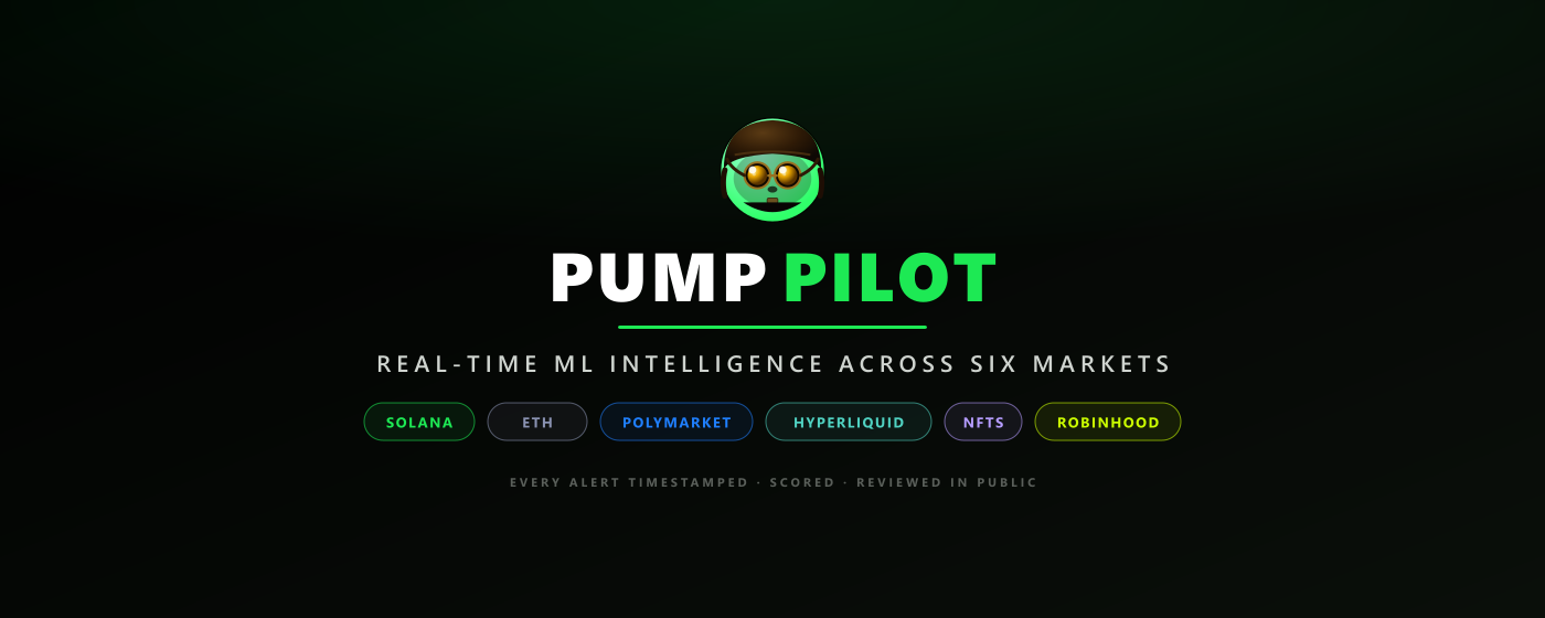 Pump Pilot — real-time ML intelligence across six markets: Solana, ETH, Polymarket, Hyperliquid, NFTs, and Robinhood